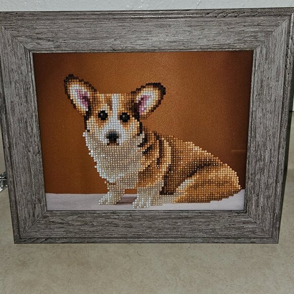 New Handmade Diamond Dot Corgi Tabletop Picture - Picture 1 of 2